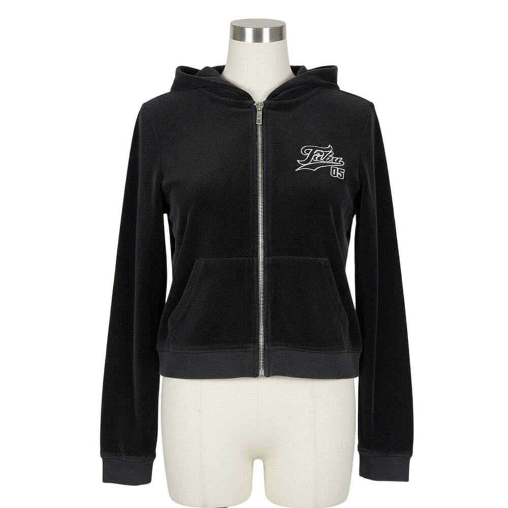 Forever 21 x FUBU 05 Black Velour Zip-Up Hoodie Women's Size Medium Y2K Style